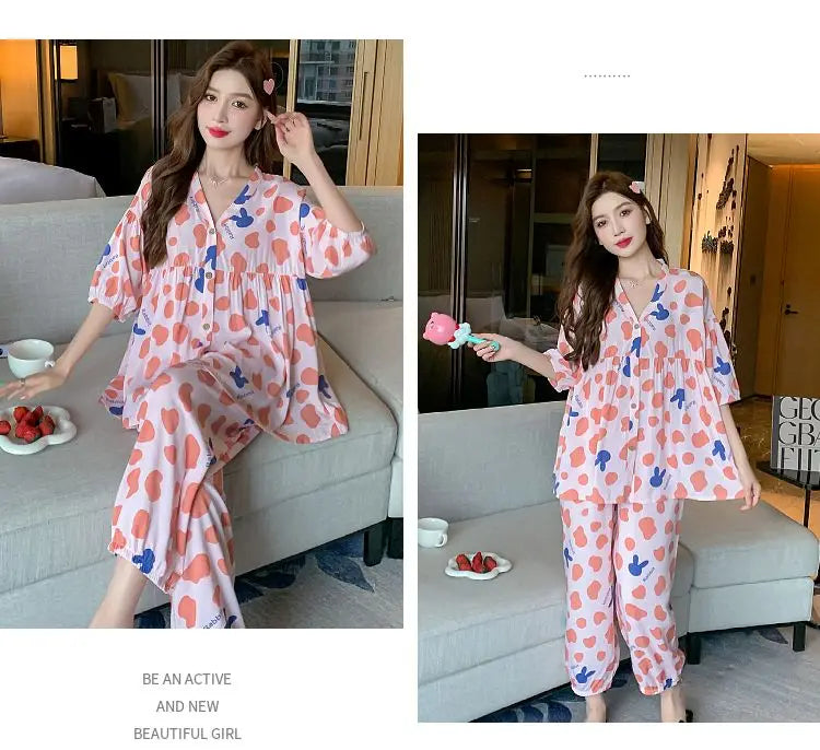 2023 New Cotton Silk Summer Pajamas Suit Plus Size Loose Ladies Home Clothes Two-piece Casual Style Thin