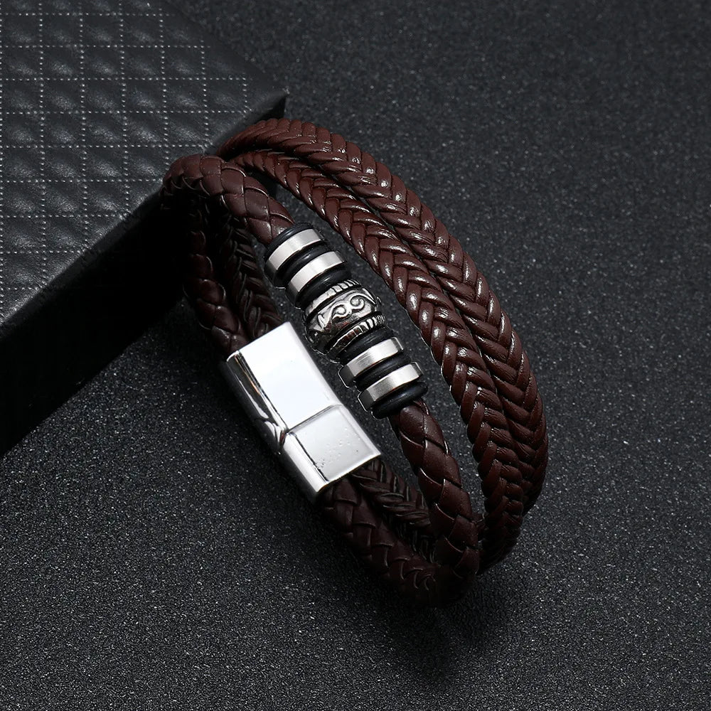 Trendy Leather Bracelets For Men Stainless Steel Bracelet 21CM Multilayer Braided Rope Bracelets for Male Jewelry Gifts Viralgem Store