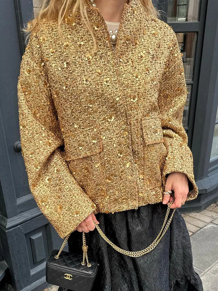 TRAFZA Women Trend Gold Sequin Decoration Loose Short Jacket Woman New Fashion Coat Versatile Warm Chic And Elegant Female Coats Viralgem Store