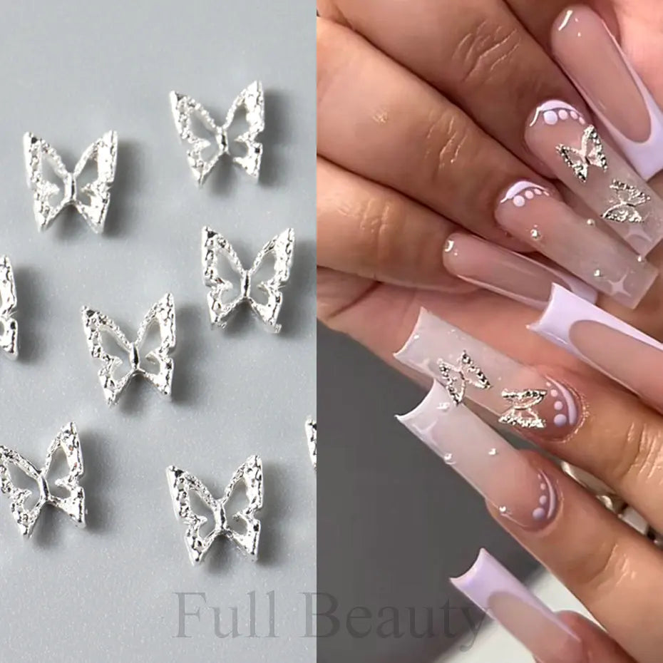 10pcs/pack Butterfly Shaped Nail Charms 3D Gold Silver Butterflies Rhinestone Zircon Jewelry DIY Nail Art Decoration Accessories
