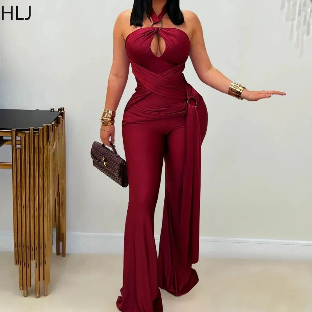 HLJ Sexy Hollow-out Bandage Patchwork Bodycon Jumpsuit Women Halter Sleeveless Backless Rompers Female Streetwear Overalls New Viralgem Store