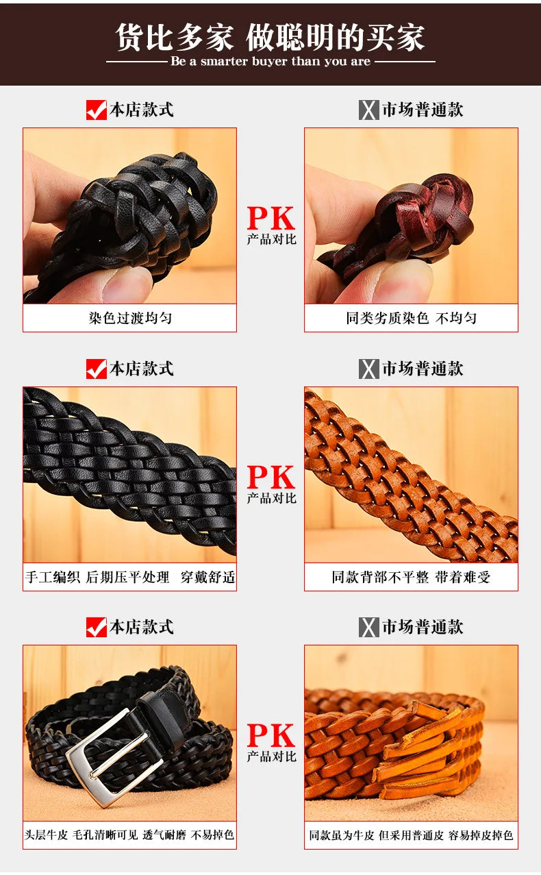 2023 Women Casual Luxury New Style Width 2.5cm  Woven Belt Needle Buckle Real Leather Head Layer Cowhide Handmade Decorative