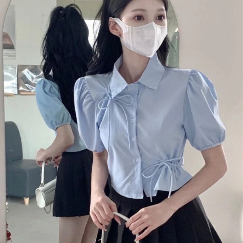 2023 Blusas De Mujer Puff Sleeve Tunic Bow Blouses Women Clothing Crop Tops Hollow Out Folds Summer Shirts Chic Vintage Blouse