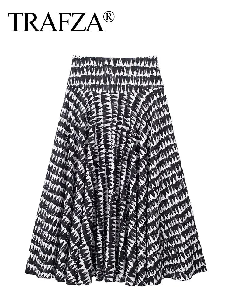 TRAFZA Women Fashion Geometric Print Skirt Zipper Fly High Waist Slim Midi Skirts Vintage Y2k 2024 Women Casual Streetwear TRAF Viralgem Store