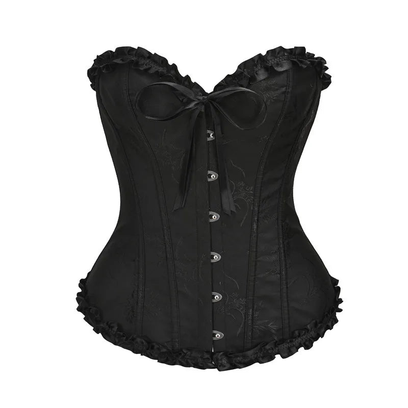 Yellow Jacquard Ruffled Trim Boned Sexy Overbust Push Up Bustier Top Corset Mujer Slimming Corsets For Women Sexy Gothic Clothes