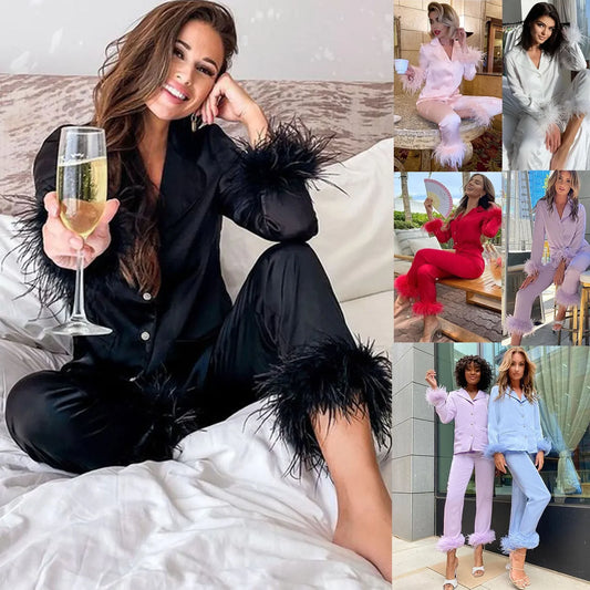 2Pcs Women Pajamas Set Spring Summer Casual Lapel Tops + Feather Pants Suits Sexy Lingerie Nightwear Silk Satin Pyjamas Homewear