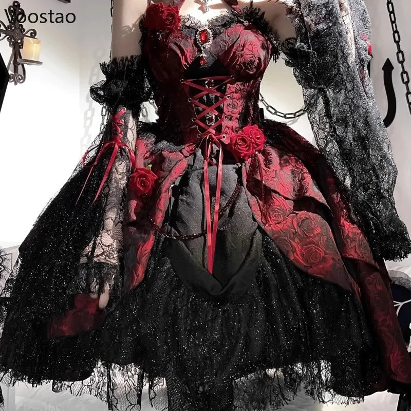 Victorian Gothic Lolita Dress Set Women Y2k Retro Rose Print Bandage Evening Party Dresses With Black Lace Sleeve Elegant Dress Viralgem Store