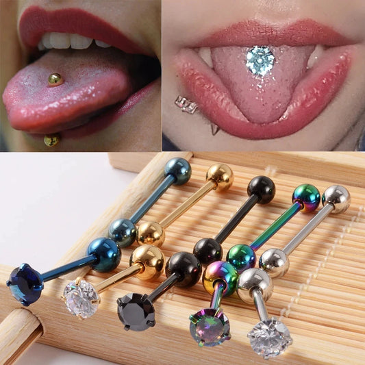 2PCS Anti-Allergy Surgical Steel  Prong Zircon Tongue Barbell Piercings Ball Tongue Barbell Rings Fashion Piercing Jewelry Viralgem Store