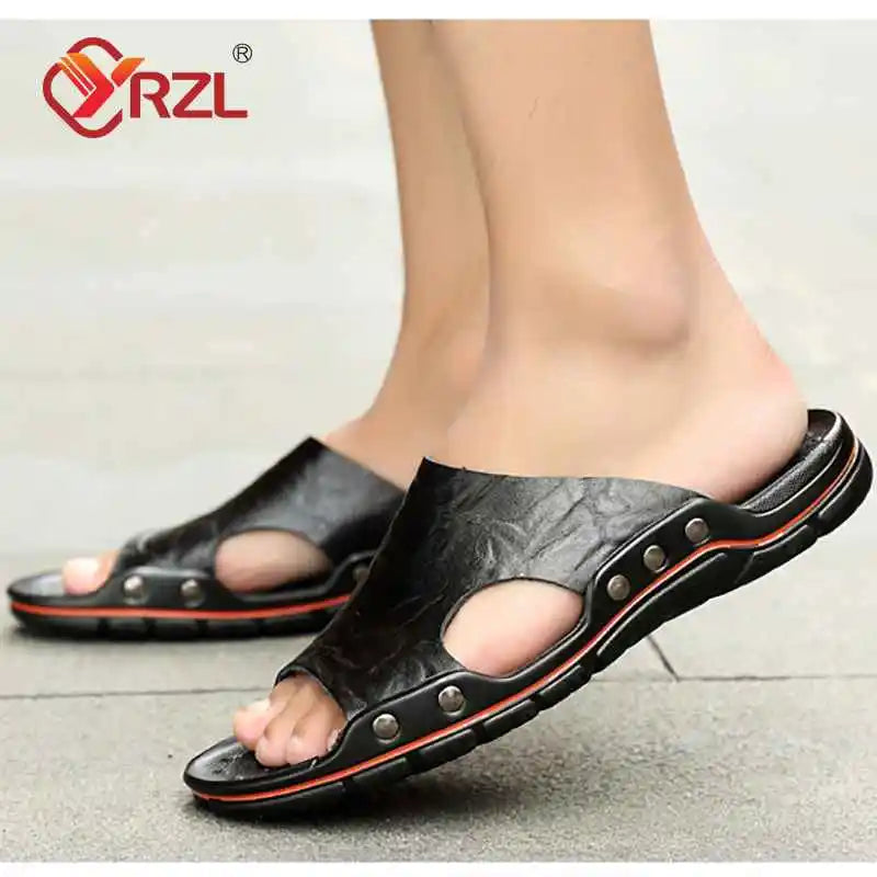 YRZL Slippers Mens PU Leather Classic Summer Men Sandals Soft Brown Outdoor Comfortable Slippers Lightweight EVA Slides for Men Viralgem Store
