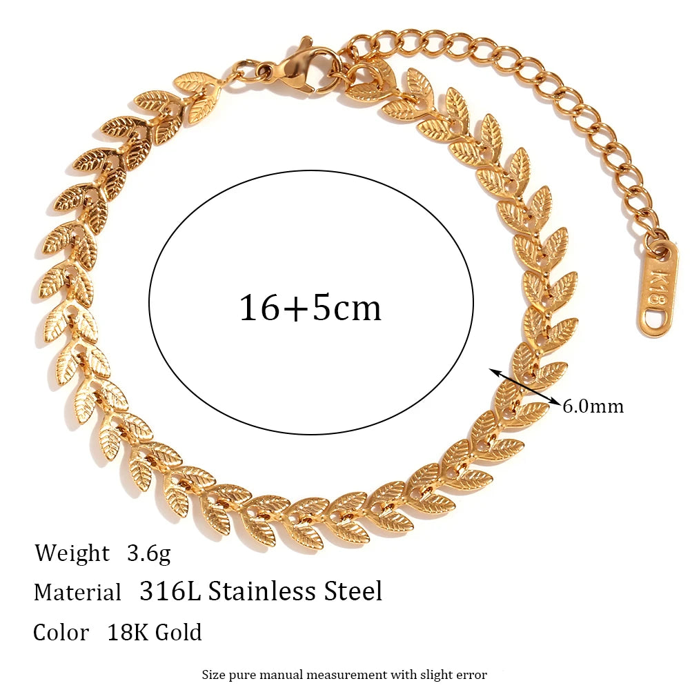 Stainless Steel 18K Gold Plated Waterproof Steric Leaf Chain Necklace Bracelets Anklets Jewelry Set Golden Jewelry For Women