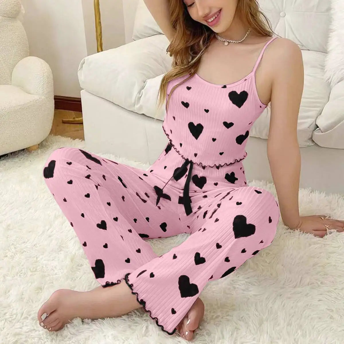 Women Pajamas Plus Size Pajamas Set 2 Piece Short Vest + Trouser White Breathable Soft Casual Love Print Viralgem Store