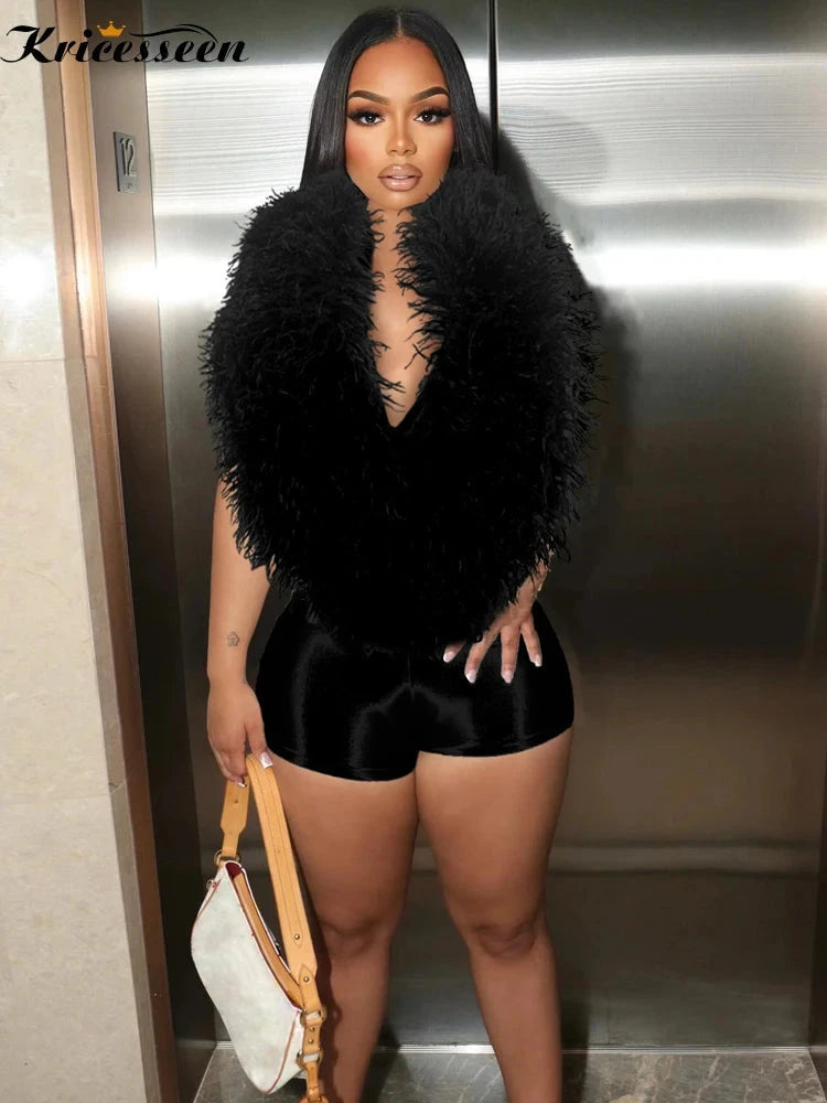 Kricesseen Hot Women's Halter Neck Feather Playsuits One Piece Outfits Summer Sexy Backless Furry Jumpsuits Night Club Outfits Viralgem Store