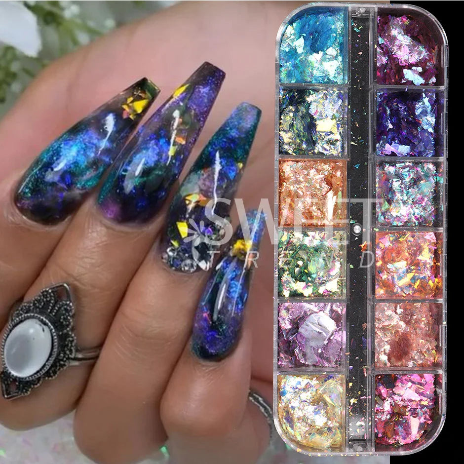 12 Grids Opal Dream Crystal Sequins Nail Flake Galaxy Iridescent Aurora 3D Paillette for Winter Autumn Manicure Decoration SWYFH Viralgem Store