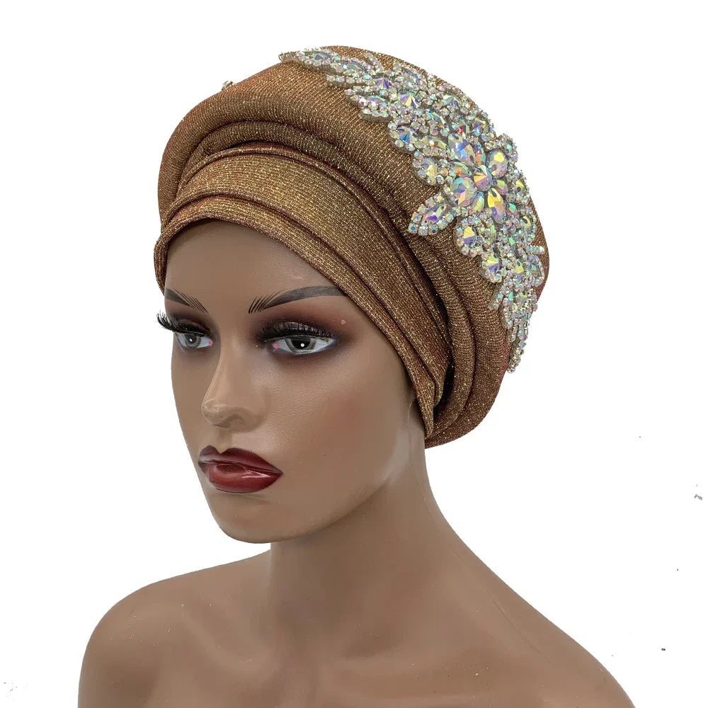 African Wrap Head Headgear Nigeria Auto Gele Headtie Turbante Mujer Luxury Rhinestone Turban Hat for Women Glitter