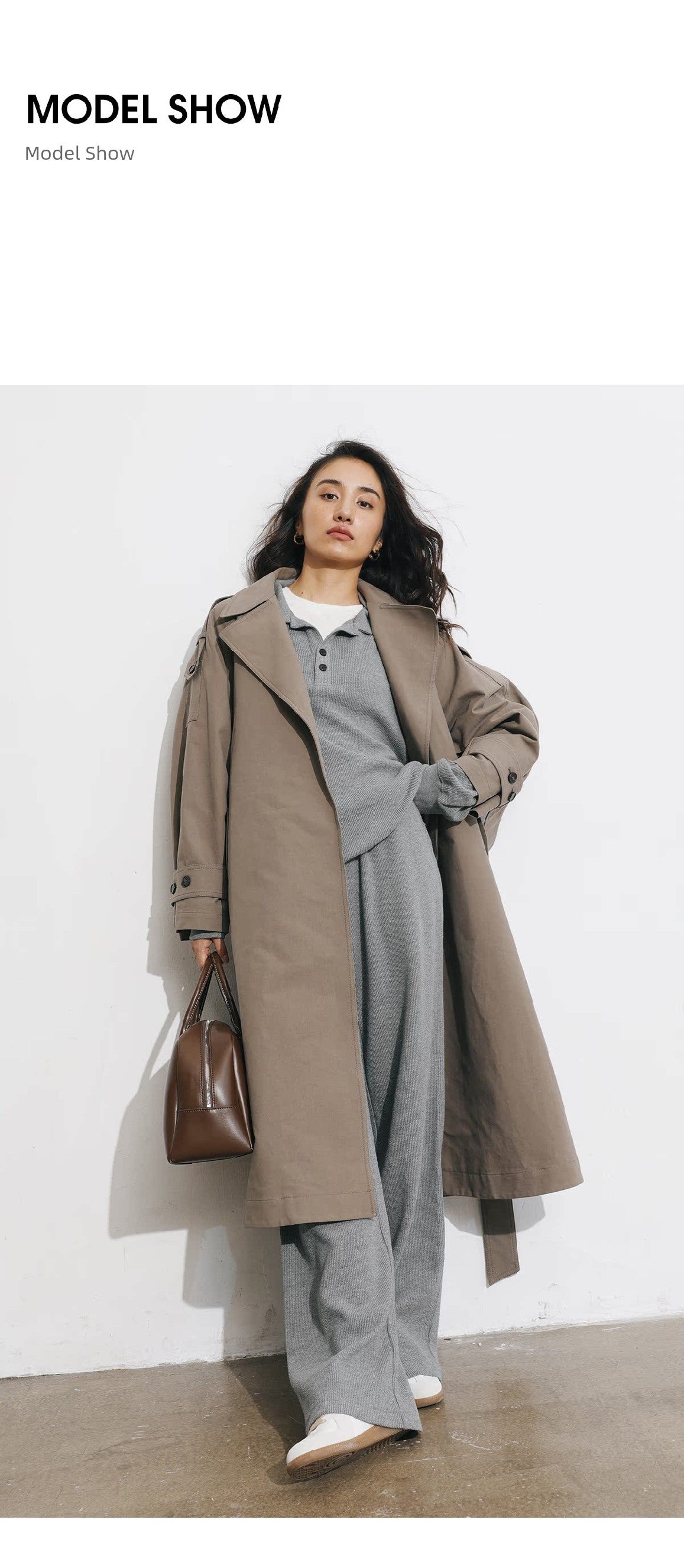 Women's Spring Clothing Fashion Gray Coffee Color Loose Shoulder Ins Style Minimalist Casual Very Wide Long Trench Coat