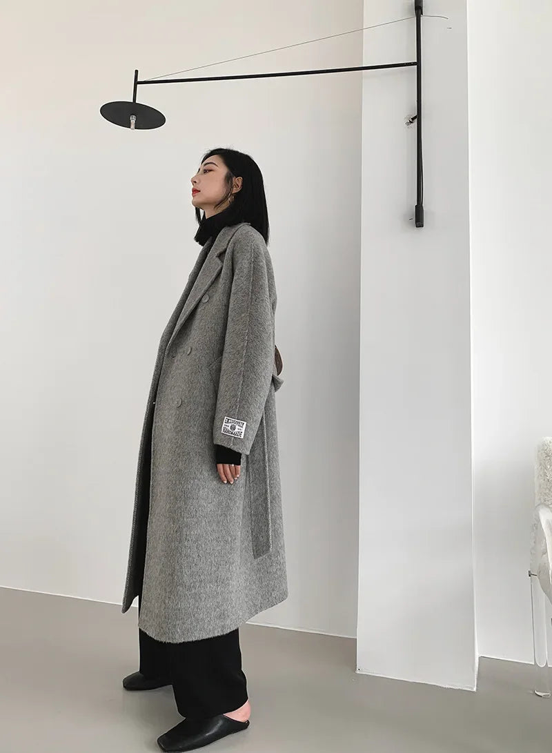 2024 Autumn Winter Wool Coat Women Double-breasted Solid Color Women's Double-sided Woolen Belt Coats Loose Warm Wool Jacket
