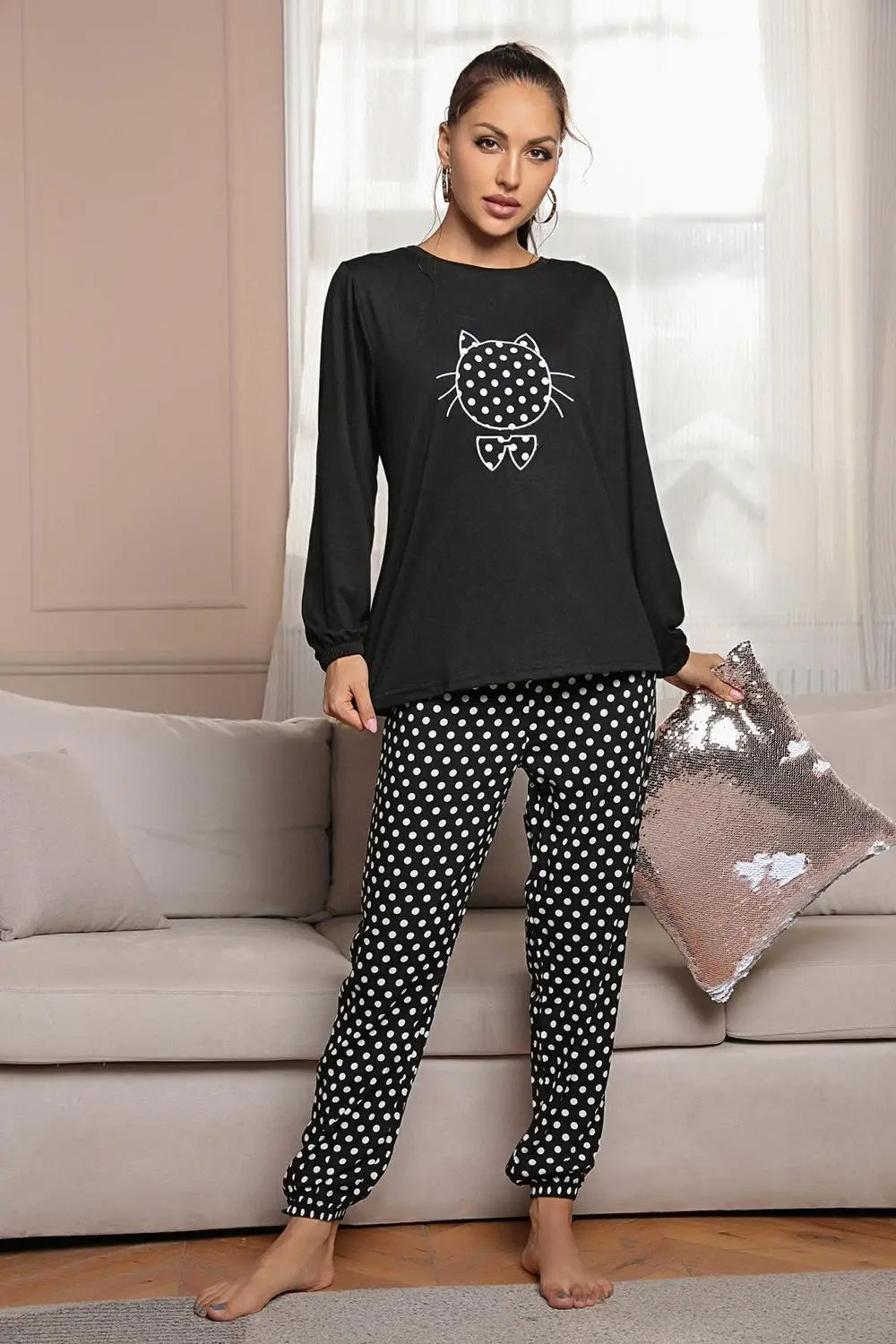 Women's Pajama Set Cute Cat Print Long Sleeves Top and Pants Sleepwear Dot Trousers 2 Pices Winter Female Like Homewear Suit Viralgem Store