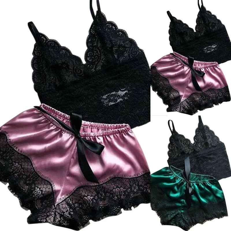 Womens Sexy Lace Sleepwear Lace Nachtkleding Lingerie Sleeveless V-Neck Babydoll Pajamas Set Lingerie Tops Shorts Set Nightwear