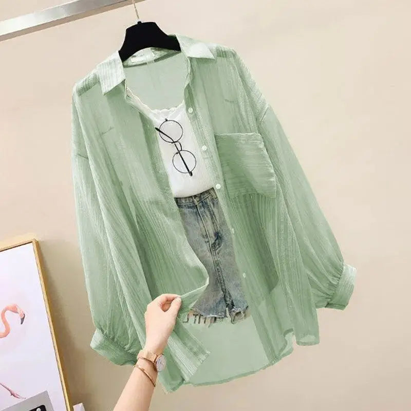 Summer Sunscreen Shirt Elegant Perspective Thin Chiffon Blouse Korean Harajuku See Through Loose Top Casual Women's Cardigan Freshlook Styles