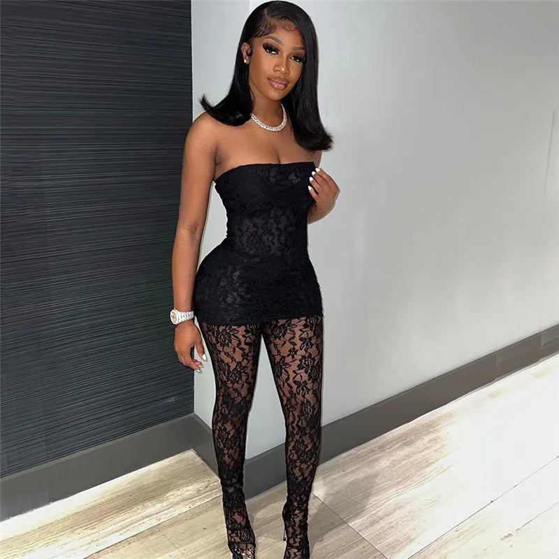 Women 3 Piece Sets Trim Sheer Lace  Solid Strapless Tupe Top Hot Skinny Pantyhose Pants Baddie Club Outfit Lingerie Suit Viralgem Store