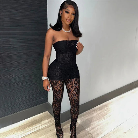 Women 3 Piece Sets Trim Sheer Lace  Solid Strapless Tupe Top Hot Skinny Pantyhose Pants Baddie Club Outfit Lingerie Suit Viralgem Store