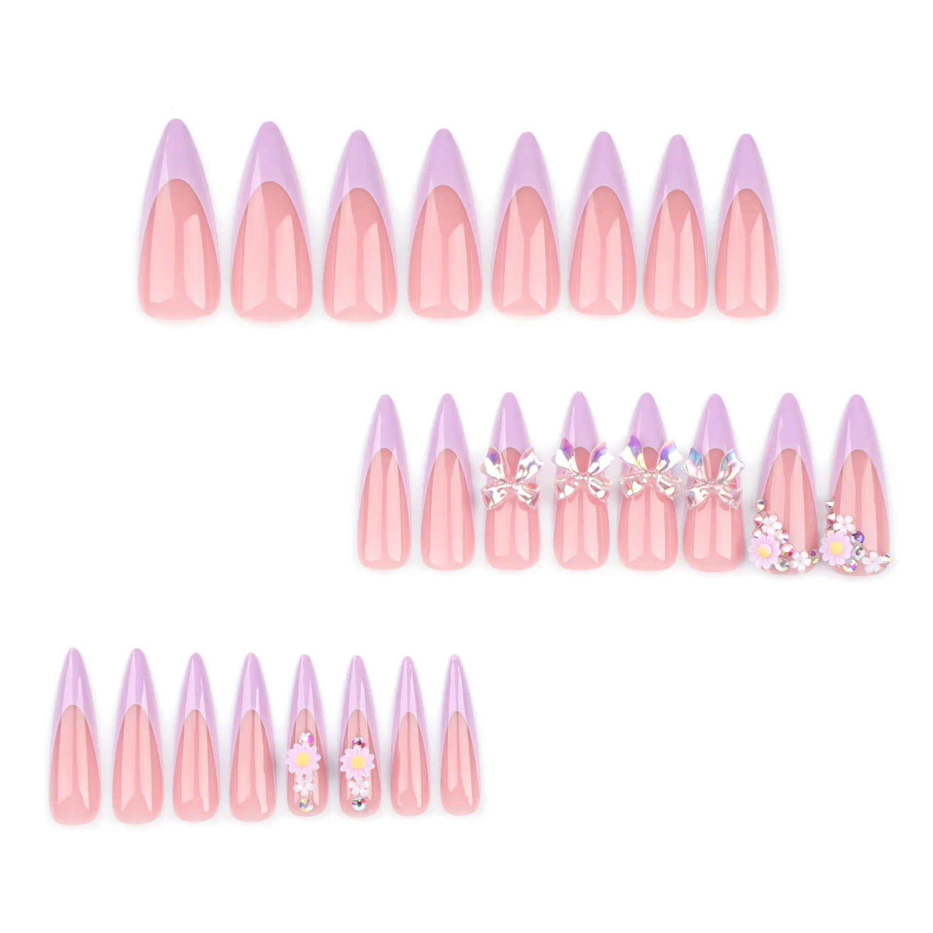 24Pc Long Stiletto Press on Nails Cherry Pink French False Nails with 3D Bow Pearls Design Detachable Acrylic Fake Nail Art Tips Viralgem Store