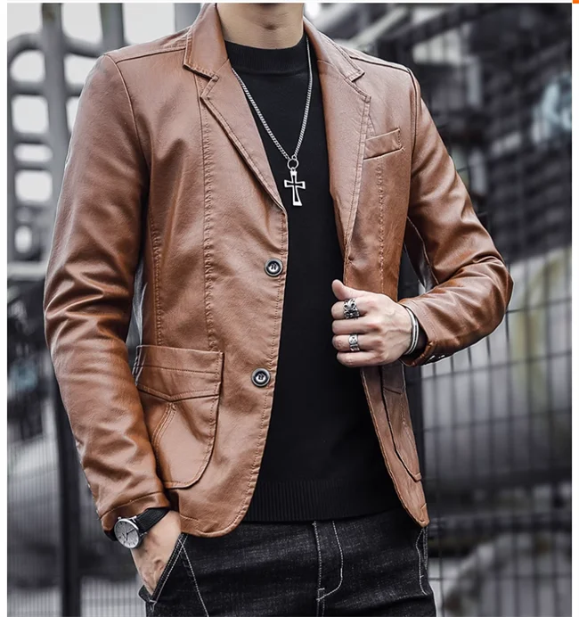 2024 New Men Business Casual Leather Jacket Black / khaki Fashion Male Suit Collar Coats Large Size 5XL Slim Fit Top