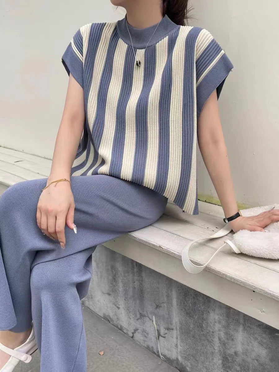 Women Sweater Pant Set Winter Knitted  Casual Pullovers Suits Long Sleeve AutumnLoose Tops Elastic Striped Elegance Sweaterpants Viralgem Store