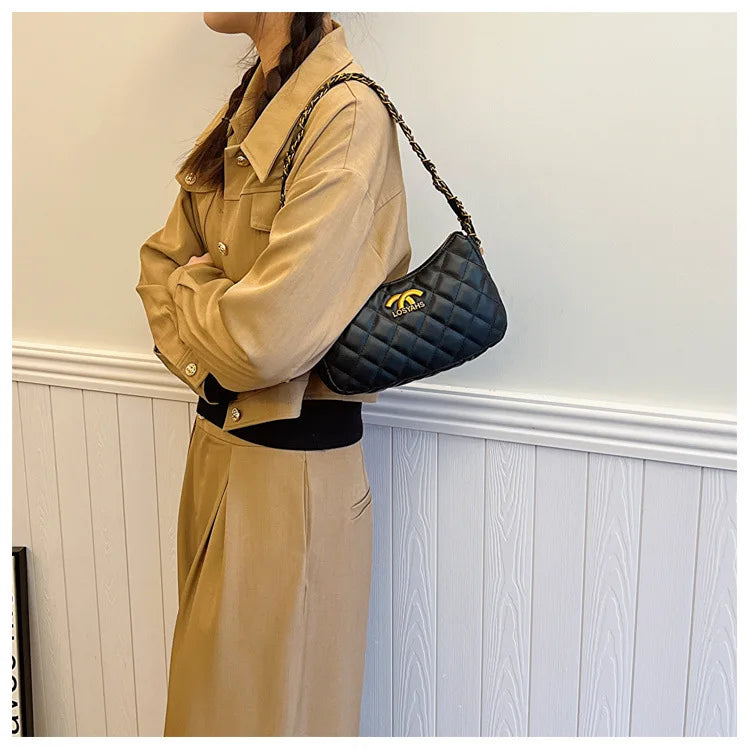 Advanced texture diamond grid small bag for women's 2025 autumn and winter new retro light luxury chain shoulder armpit bag