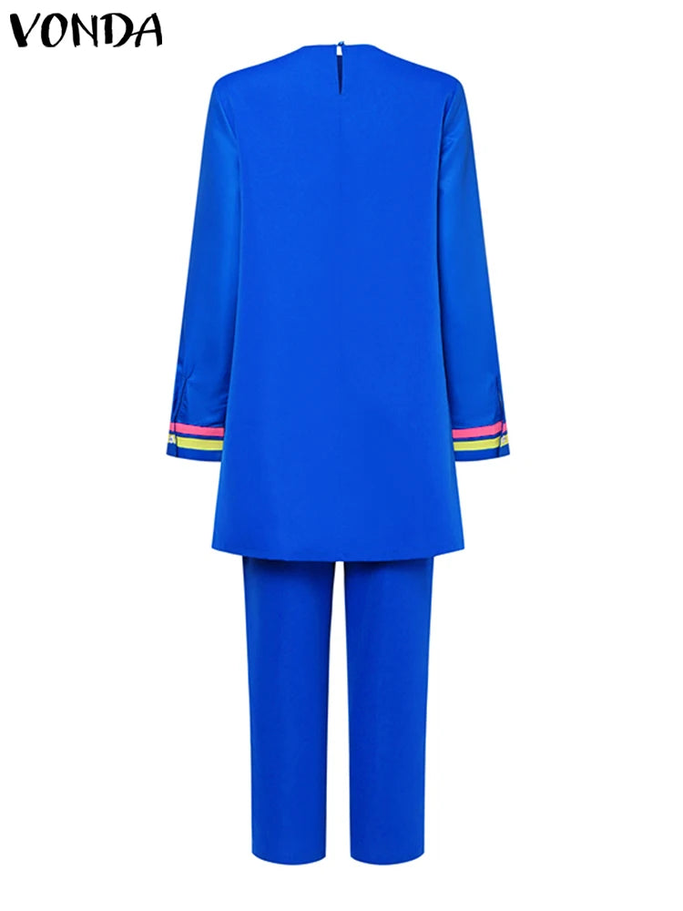 2024 VONDA Bohemian Vintage Printed Pant Sets Autumn Women Elegant Suits Fashion Long Sleeve Tops and Trousers Casual Loose 2PCS