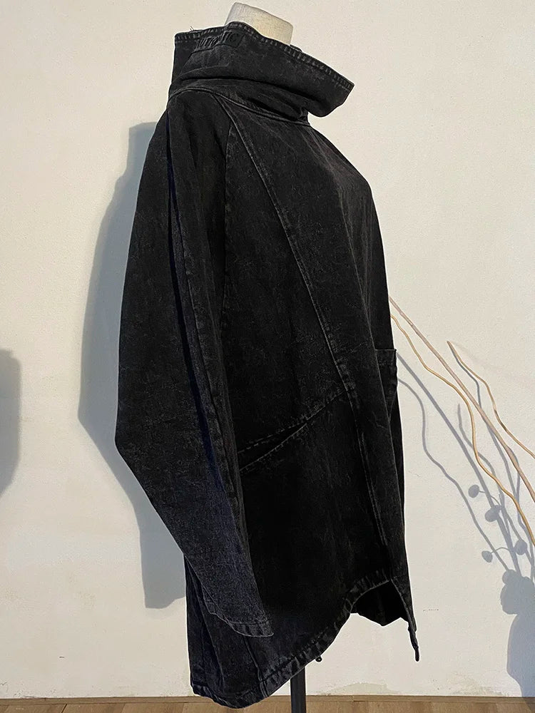 [EAM] Loose Fit Black Denim Big Size Sweatshirt New High Collar Long Sleeve Women Big Size Fashion Spring Autumn 2024 1K166