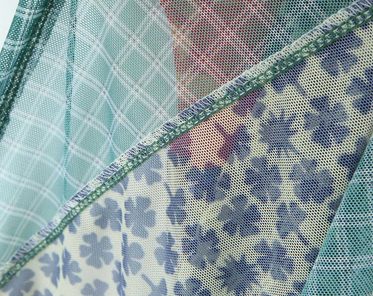 2024 Sexy Ruched Square Collar Contrast Color Plaid Flower Print Sleeveless Mini Mesh Dress Women Packages Hips A-line Tank Robe