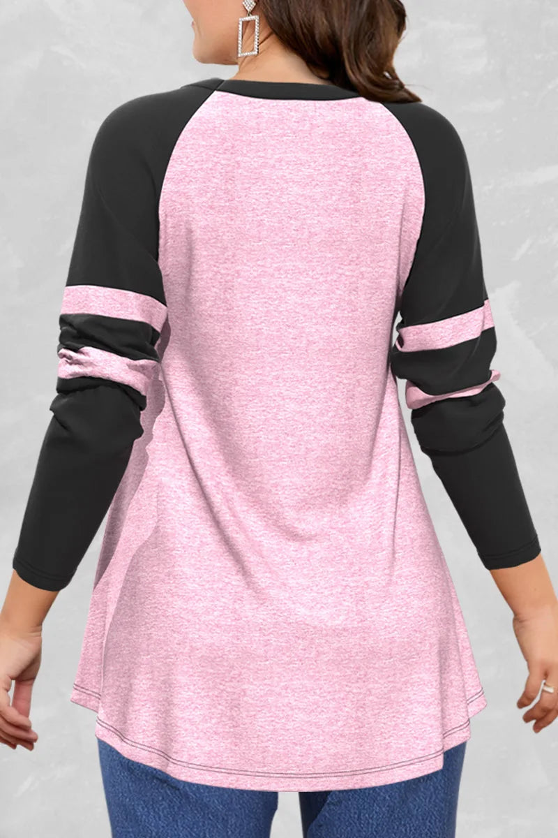 Women Long Sleeve T shirt Plus Size Casual Pink Colorblock Cross Lace-Up V Neck T shirt Loose Casual Splice Medium Stretch Tops