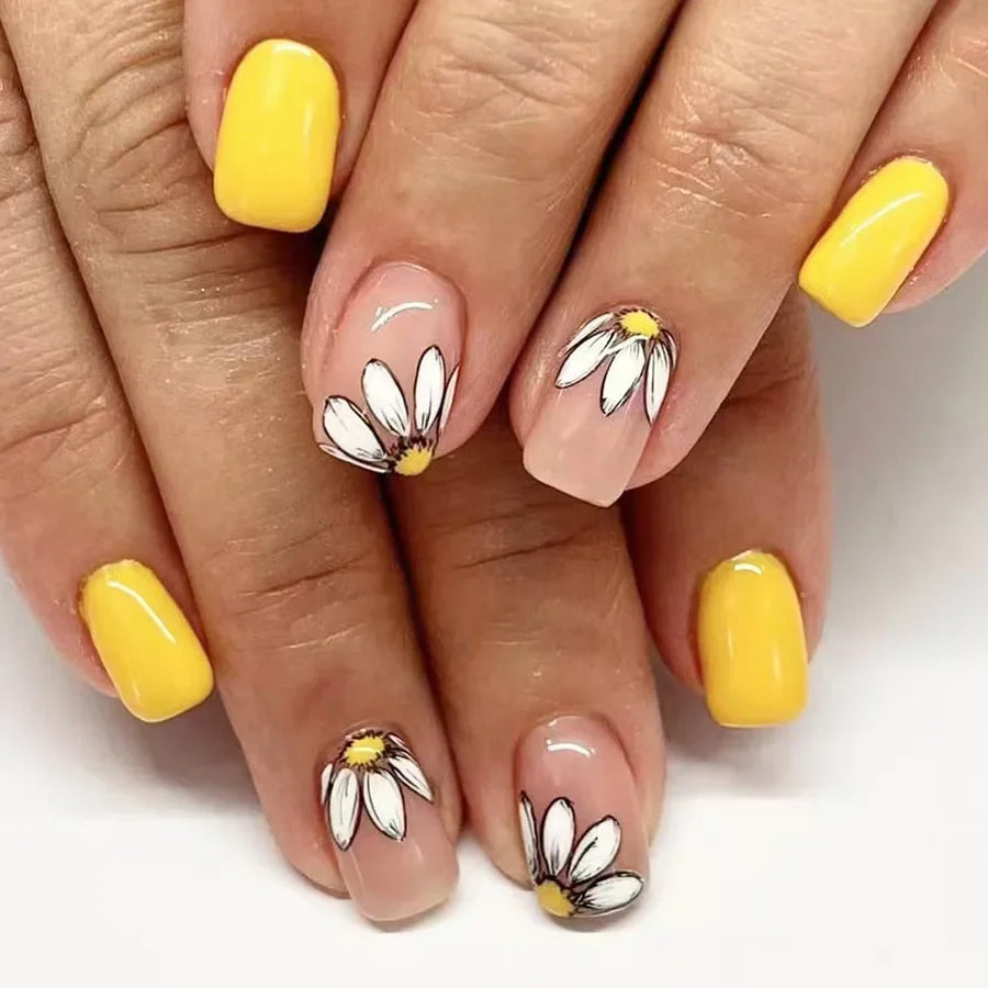 24pcs Short Square Press on Nails Jade Flower Sparkling Powder Designs Fake Nails with Glue Green Gradient Full Cover Nail Tips