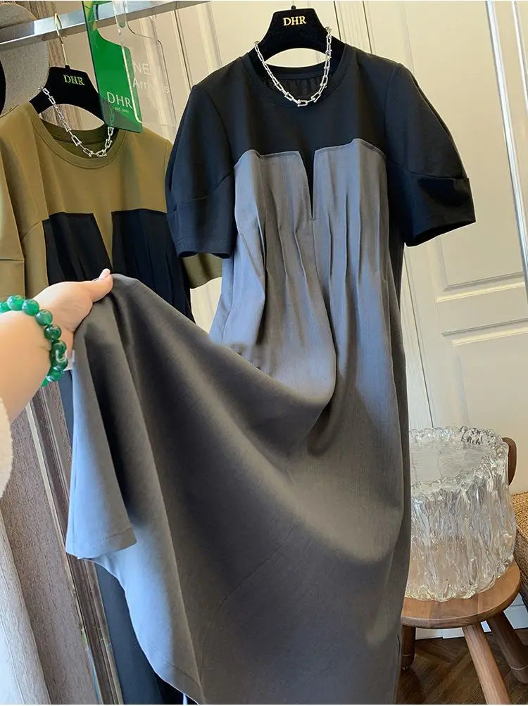 Women Plus Size L-5XL T Shirt Dress Short Sleeve O Neck Pleating Knee Dresses Female 2024 Summer Casual Fashion Clothing Robe