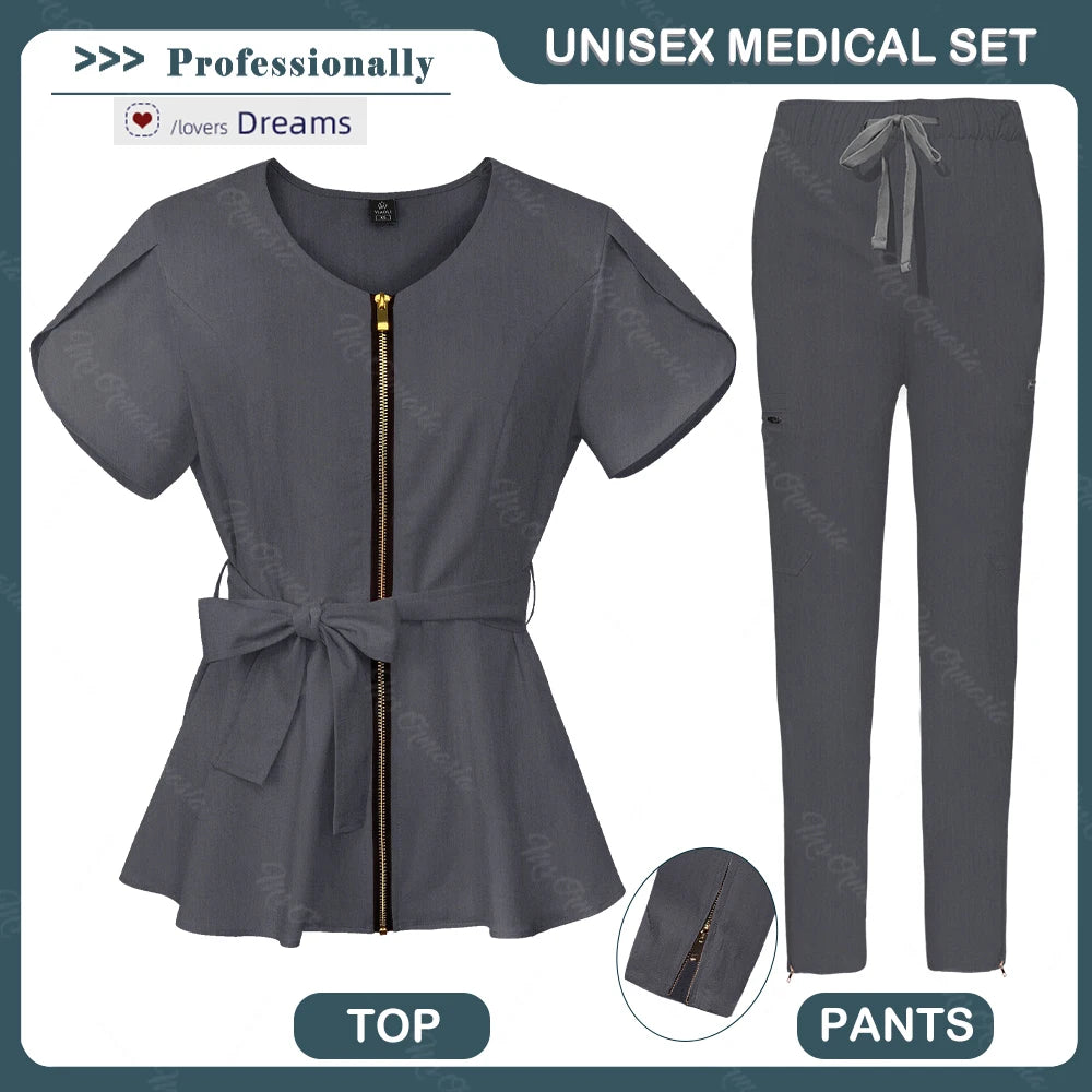Women Scrubs set,zipper collar beauty clothes,high quality anti wrinkle medical uniforms,soft comfortable fashion nurse workwear
