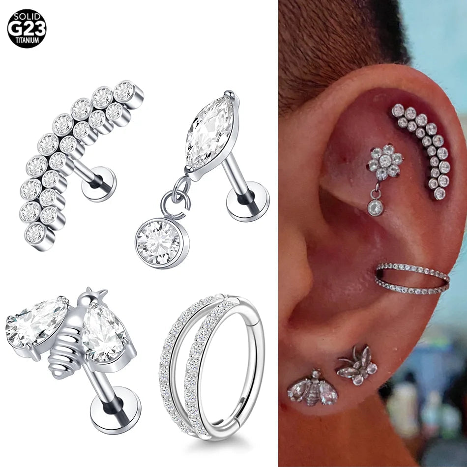 1pcs Titanium Cubic Zirconia Bee Flower Stud Earring Helix Tragus Daith Piercing Hinged Segment Hoop Body Jewelry Viralgem Store