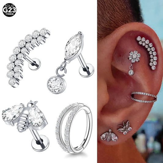 1pcs Titanium Cubic Zirconia Bee Flower Stud Earring Helix Tragus Daith Piercing Hinged Segment Hoop Body Jewelry Viralgem Store