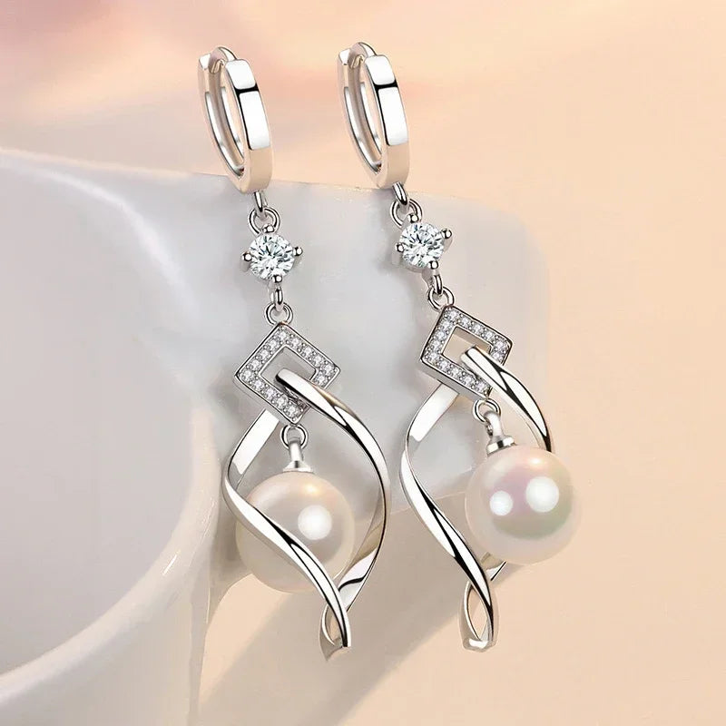 925 Sterling Silver Crystal Zirconia Natural Pearl Earrings, Women's Fashion Gorgeous Wedding Engagement Party Jewelry