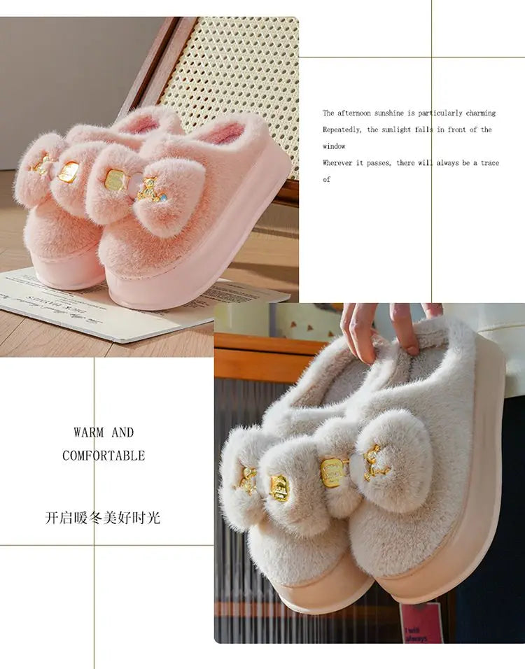 8 cm High platform fur slippers women's winter fluffy ear home shoes woman white bunny rabbit slippers woman house clog shoes