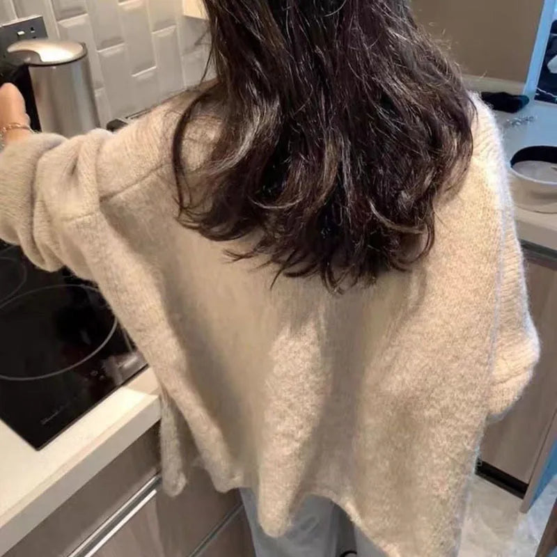 Zoki Autumn Winter Thicken Warm Women Cardigan Sweater Korean Lazy Wind Soft All Match Cardigans Tops Solid Loose Knitted Coats