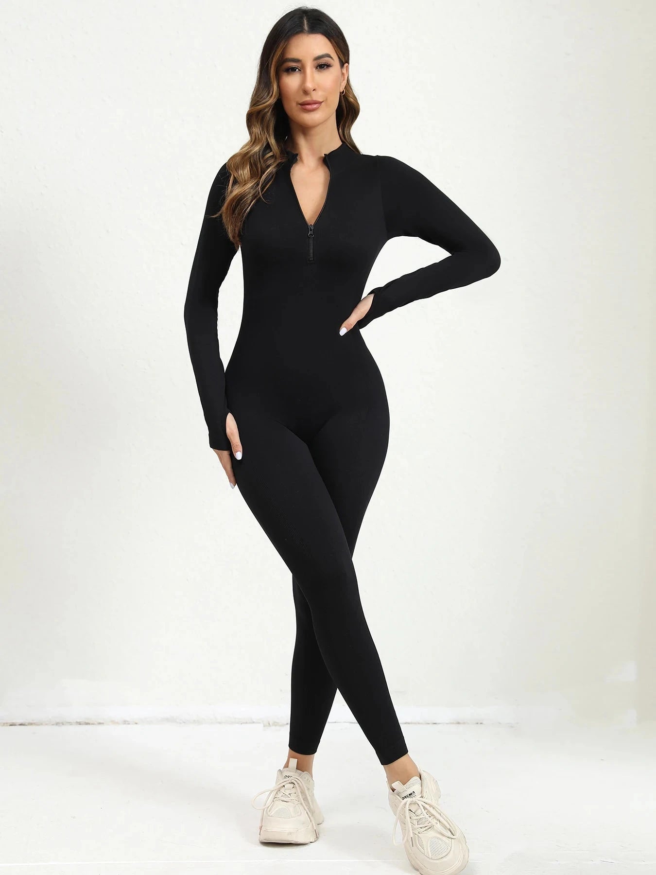 Women Rompers Ribbed long Sleeve Zip Front Stretch Tummy Control Yoga Workout Rompers Viralgem Store