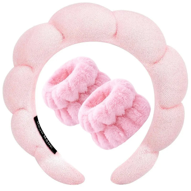 Sponge Spa Headband with Wristbands for Washing Face Wide Padded Headband Skin Care Makeup Removal Shower for Women Girls