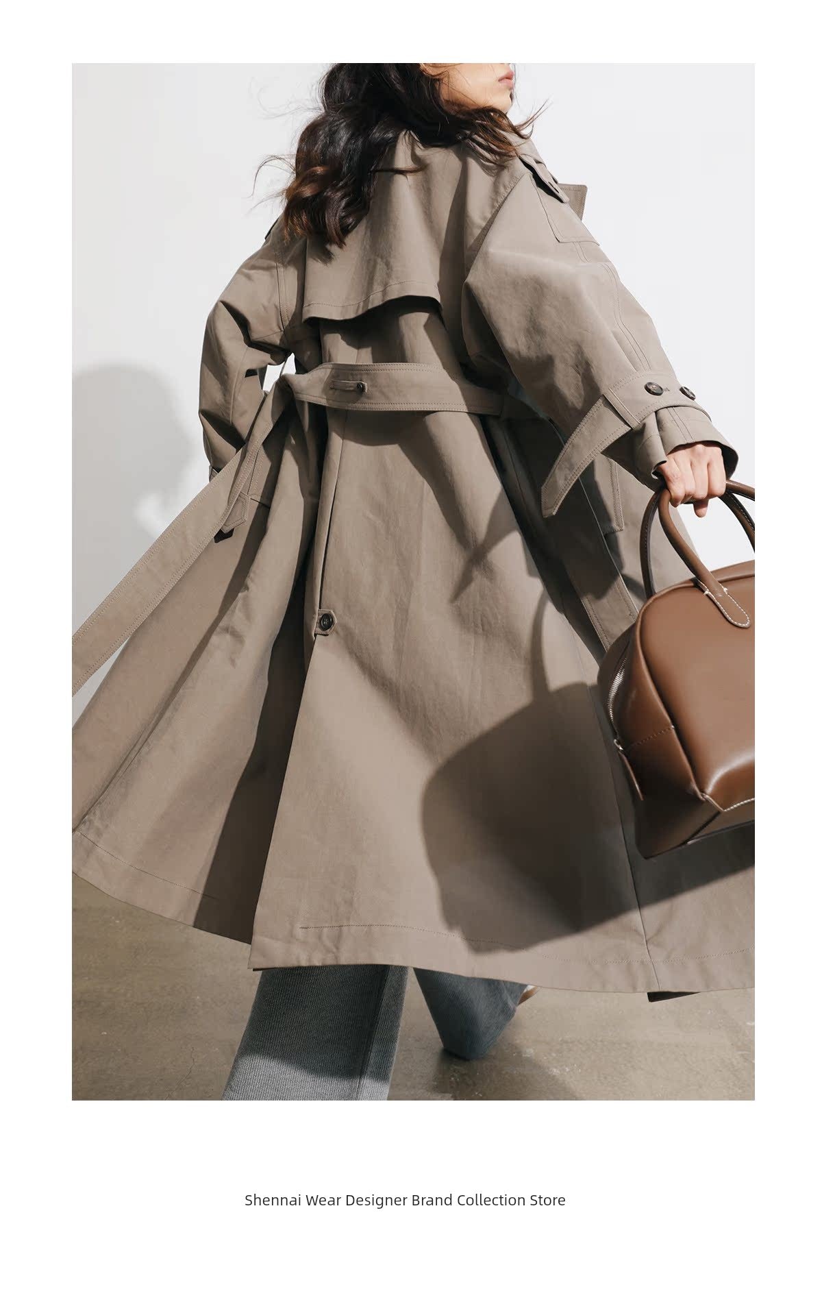 Women's Spring Clothing Fashion Gray Coffee Color Loose Shoulder Ins Style Minimalist Casual Very Wide Long Trench Coat