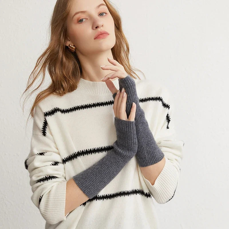 Winter Women 100% Cashmere Long Mitts 25cm Fine Knitted Fingerless Gloves Y2k Thermal Gloves Semi Finger Lengthen Arm Warmers Viralgem Store