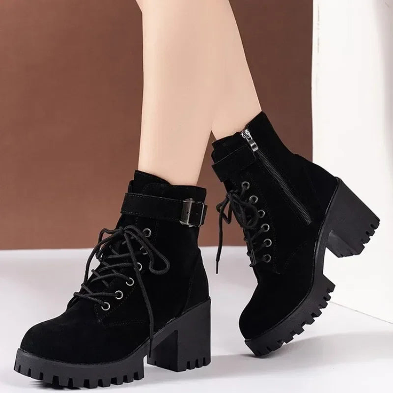 2024 New Winter  High Heeled Women Boots Cross Straps Short Boots Comfortable Waterproof Boots Warm Plus Size 42 Botas Femininas Viralgem Store