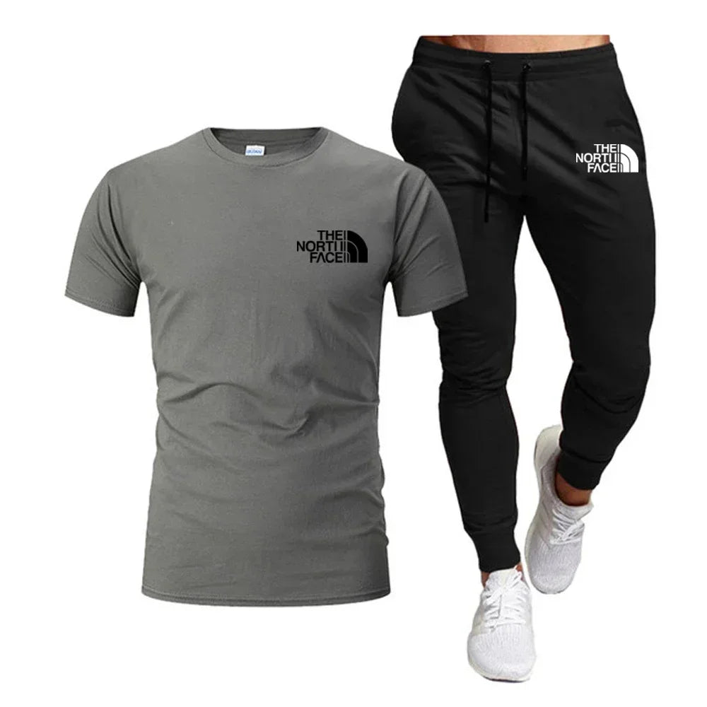 Summer 2025 Men Tops 100% Fashion Cotton Short Sleeve Long Sweatpants Streetwear 2 Piece Sets Men Clothing