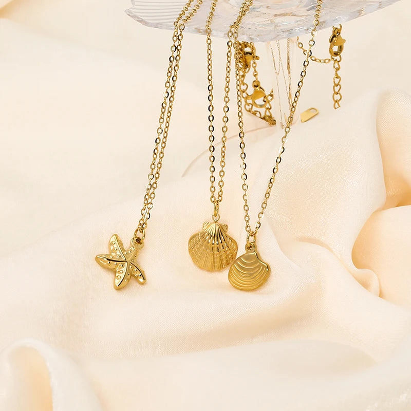 Tarnish Free Stainless Steel Waterproof Jewelry Starfish Conch Shell Coconut Palm Pendant Necklace for Women Girls Holiday Gift