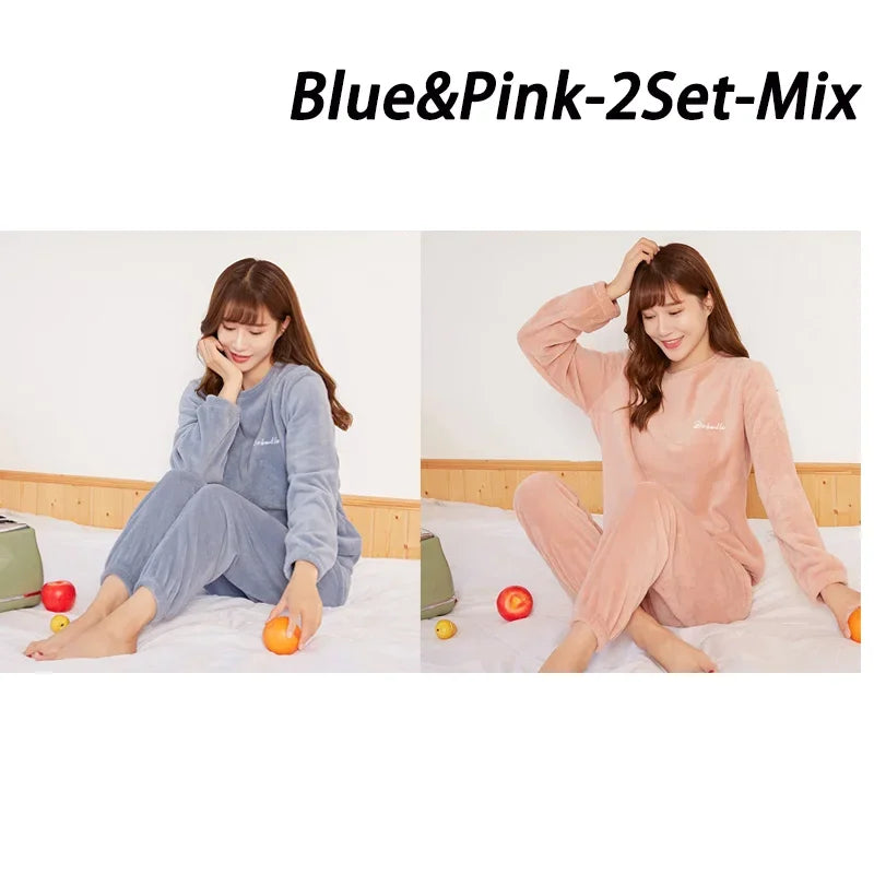 2024 Winter Pyjamas Warm Flannel Women Thick Leisure Wear Simplicit Coral Velvet Long Sleeve Solid Sleepwear Pajamas Set Viralgem Store