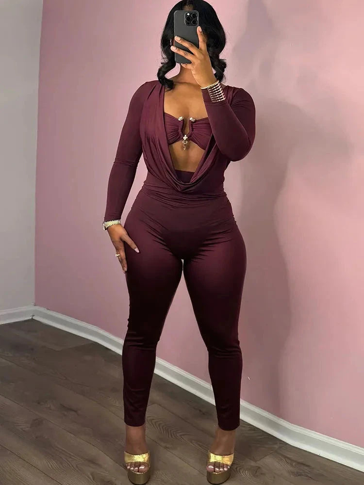 Weird Puss Swing Collar Jumpsuits Women Fashion Metal Decoration Full Sleeve Sexy Hollow Slim Peach Hip Street Midnight Clubwear Viralgem Store